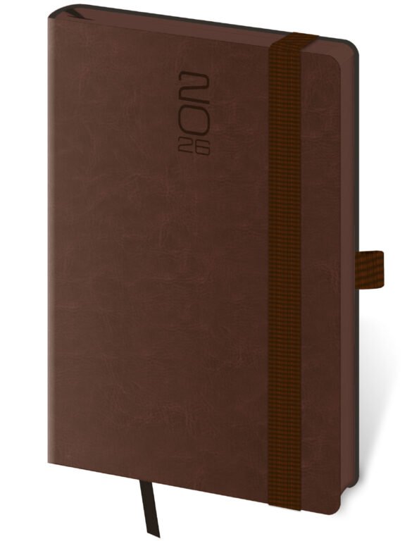 Diáře 2026, plánovací diáře - Kapesní diář Memory tmavě hnědý s gumičkou