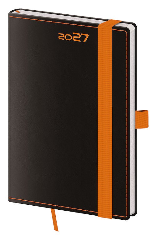 Diáře Vario s gumičkou - Kapesní diář A6 Black Orange s poutkem