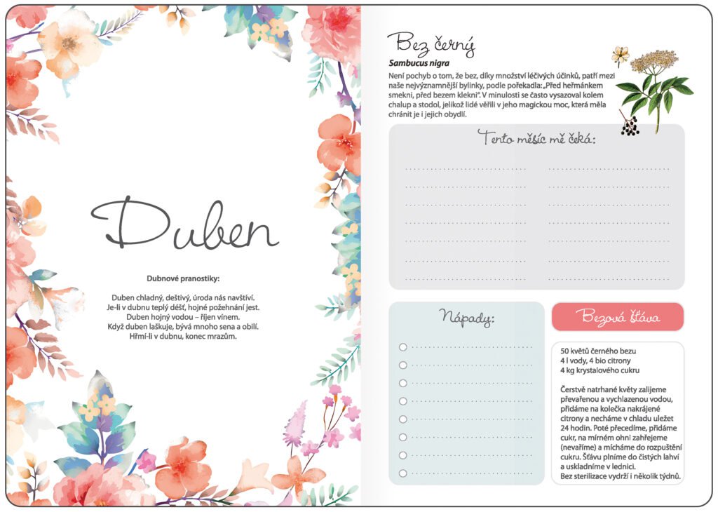 BYLINKOVÝ DIÁŘ - Týdenní diář B6 Bylinkový Flowers s gumičkou