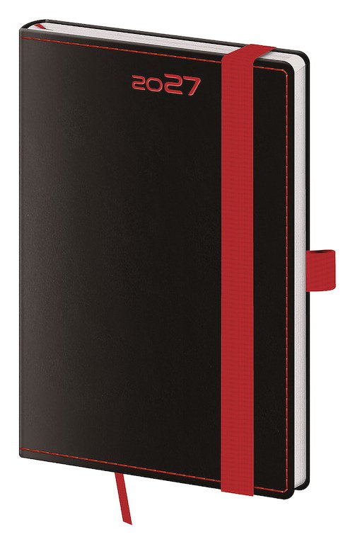 Diáře Vario s gumičkou - Kapesní diář A6 Black Red s poutkem
