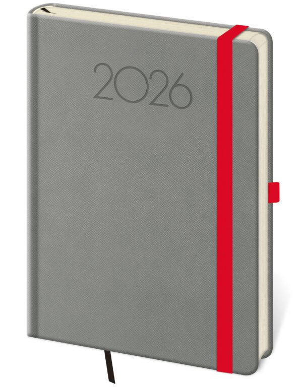 GOMMATO (matné bez struktury) - Týdenní diář A5 New Praga tmavě šedý s gumičkou