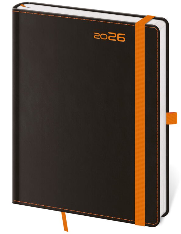 GOMMATO (matné bez struktury) - Týdenní diář A5 Black Orange s poutkem