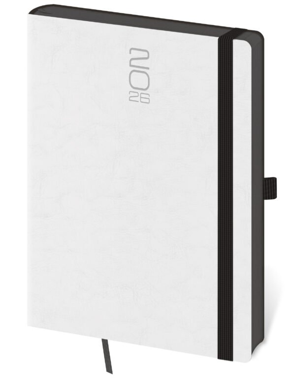 GOMMATO (matné bez struktury) - Týdenní diář A5 Memory bílý s gumičkou