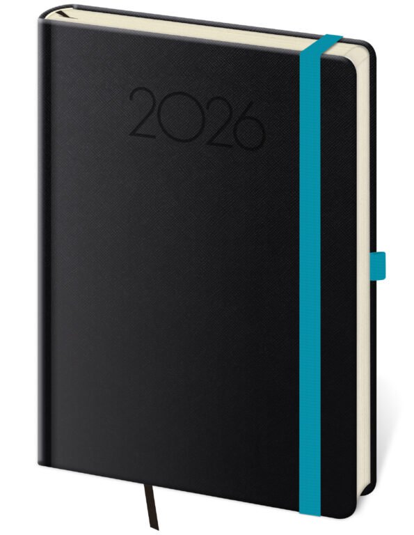 GOMMATO (matné bez struktury) - Denní diář A5 New Praga černý s gumičkou